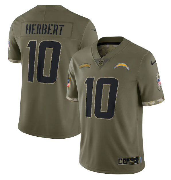 Men's Los Angeles Chargers #10 Justin Herbert Olive 2022 Salute To Service Limited Stitched Jersey Men's Los Angeles Chargers #10 Justin Herbert Olive 2022 Salute To Service Limited Stitched Jersey